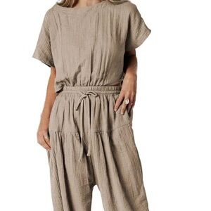 Meyeeka Jumpsuit Romper Long Pants Crew Neck Batwing Sleeve Elastic Waist Size L